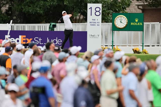 Northern Ireland's Rory McIlroy plays his shot from the 18th tee during the third round of the FedEx St. Jude Championship at TPC Southwind on August 12, 2023 in Memphis, Tennessee. (Photo by Andy Lyons/Getty Images)