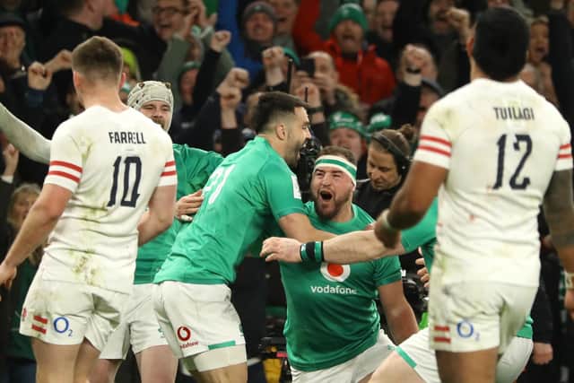 Ireland's Rob Herring celebrates scoring a try during the Guinness Six Nations success over England at Dublin's Aviva Stadium to wrap up the Grand Slam