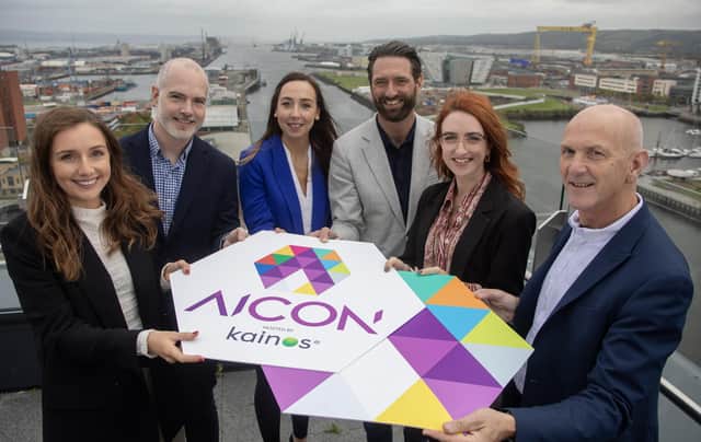 Leading tech conference AI Con hosted by Kainos will return on Thursday, November 9 at Titanic Belfast with speakers from LEGO, Woebot Health & Manna Drone Delivery. Colleen Murray, marketing executive, Options Technology, Mark Boyle, head of tech, Digital Catapult NI, Ruth McGuinness, data & AI practice lead, Kainos, Robert Grundy, chair, The Matrix Panel, Cllr Clíodhna Nic Bhranair, chair of the City Growth and Regeneration Committee, Belfast City Council, and George McKinney, director of technology & services, Invest NI are pictured at the launch of AI Con Hosted by Kainos 2023