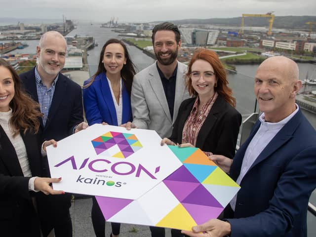 Leading tech conference AI Con hosted by Kainos will return on Thursday, November 9 at Titanic Belfast with speakers from LEGO, Woebot Health & Manna Drone Delivery. Colleen Murray, marketing executive, Options Technology, Mark Boyle, head of tech, Digital Catapult NI, Ruth McGuinness, data & AI practice lead, Kainos, Robert Grundy, chair, The Matrix Panel, Cllr Clíodhna Nic Bhranair, chair of the City Growth and Regeneration Committee, Belfast City Council, and George McKinney, director of technology & services, Invest NI are pictured at the launch of AI Con Hosted by Kainos 2023
