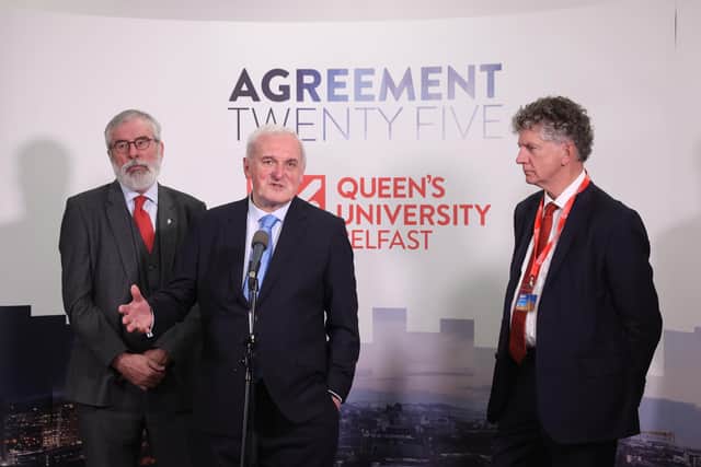 (left to right) Former Sinn Fein president Gerry Adams, former taioseach Bertie Ahern and Jonathan Powell speaking to media at the three-day international conference at Queen's University Belfast to mark the 25th anniversary of the Belfast/Good Friday Agreement.
