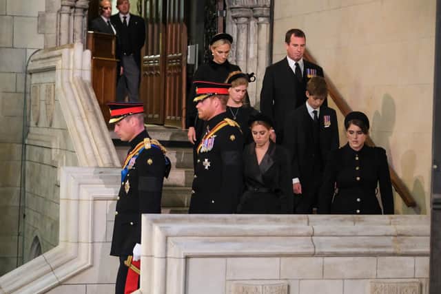 Queen Elizabeth II's grandchildren the Prince of Wales, the Duke of Sussex, Princess Beatrice, Princess Eugenie, Lady Louise Windsor, James, Viscount Severn, Zara Tindall and Peter Phillips arrive to hold a vigil beside the coffin of their grandmother as it lies in state on the catafalque in Westminster Hall, at the Palace of Westminster, London. Picture date: Saturday September 17, 2022.