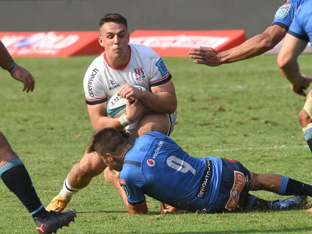 James Hume of Ulster is tackled during the United Rugby Championship match between Vodacom Bulls and Ulster at Loftus Versfeld on April 02, 2022 in Pretoria, South Africa. (Photo by Lee Warren/Gallo Images/Getty Images)