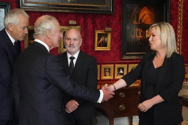 King Charles Sinn Fein Michelle O'Neill's at Hillsborough Castle last September. Ms O'Neill and Sinn Fein’s Assembly speaker Alex Maskey have both accepted invitations to the coronation in London