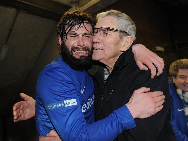 An emotional Gary Hamilton celebrates reaching a first Irish Cup final as manager with his grandfather after they defeated Crusaders 3-1. After the score was tied 1-1 following normal time, Ciaran Martyn and Mark Patton scored in extra-time to book Glenavon's spot in the decider