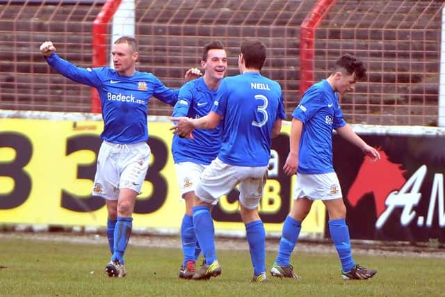 Andrew Hoey celebrates after scoring on Glenavon debut in their 4-0 win over Glentoran at The Oval, Belfast. PIC: Kirth Ferris/Pacemaker Press