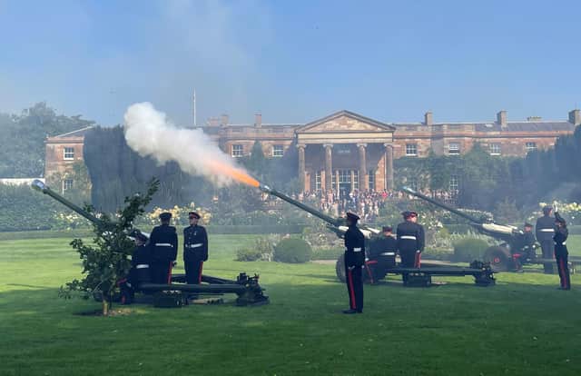 Members of the Army reservists from 206 (Ulster) Battery, 105 Royal Artillery fire a 21 gun salute to mark Accession Day, the first anniversary of King Charles III accession to the throne and to mark the first anniversary of Queen Elizabeth II's death, at Hillsborough Castle