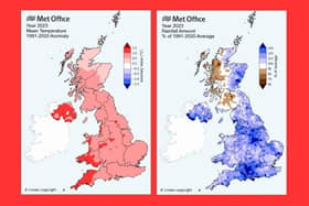 These maps show A) the average temperature across Northern Ireland in 2023, compared with the annual average during the period 1991 to 2020, and B) the total rainfall compared with the annual average during the same period