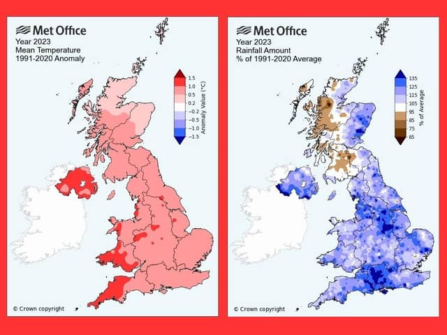 These maps show A) the average temperature across Northern Ireland in 2023, compared with the annual average during the period 1991 to 2020, and B) the total rainfall compared with the annual average during the same period
