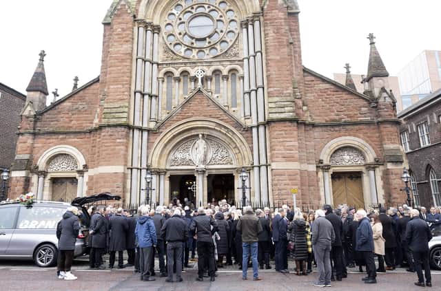 Funeral of Josephine Holmes at St Patrick’s Church in Belfast City Centre.  TV presenter and newsreader Eamonn Holmes was unable to make the journey from England for his mother’s funeral. 

Picture by Jonathan Porter/PressEye