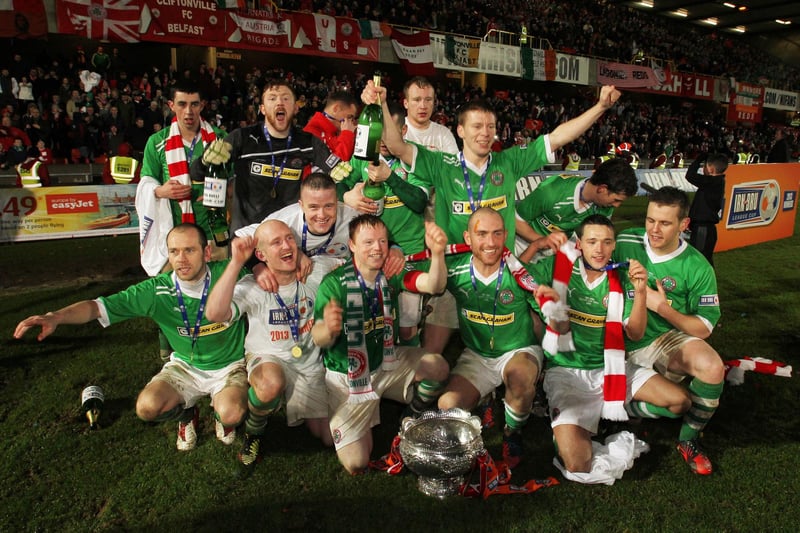Cliftonville celebrate winning the League Cup after a 4-0 win against Crusaders at Windsor Park as Diarmuid O'Carroll, Joe Gormley (2) and Ryan Catney all scored for the Reds