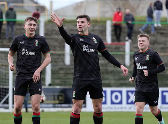 David Fisher celebrates his goal during Saturday's Irish Cup quarter-final win against Ballyclare Comrades. (Photo by David Maginnis/Pacemaker Press)