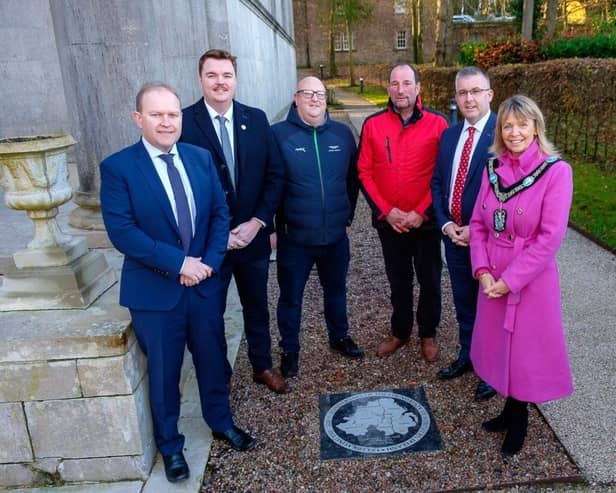 Lord Mayor Alderman Margaret Tinsley officially unveils Centenary Stone at The Palace Demesne in Armagh, pictured with elected representatives, Alderman Gareth Wilson, Councillor Scott Armstrong, Councillor Peter Haire and Alderman Gordon Kennedy.