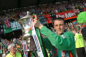 Michael Halliday celebrates with the Irish Cup after scoring a winning goal for Glentoran in 2004. (Photo by Pacemaker)