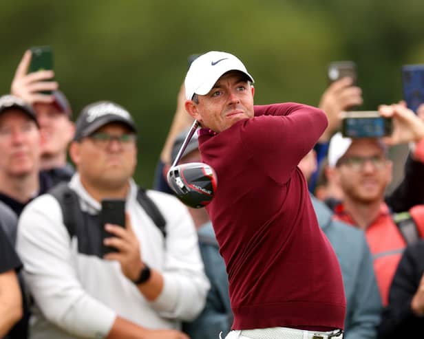 Northern Ireland's Rory McIlroy tees off on the 16th hole at Royal Liverpool ahead of this week's Open challenge in Hoylake. (Photo by Andrew Redington/Getty Images)