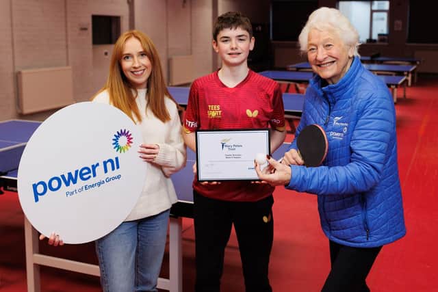 Pictured (L-R) is Colleen Donnelly (Power NI Sponsorship Executive), Peadar Sheridan (award winner) and Lady Mary Peters.