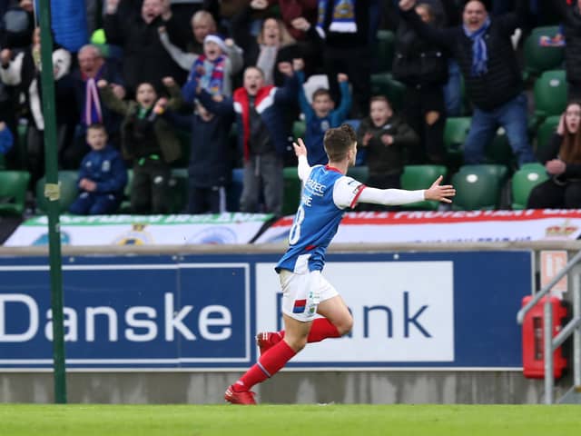 Northern Ireland international Trai Hume, currently at Sunderland, celebrates scoring for Linfield against Glentoran in 2021. PIC: INPHO/Presseye/Declan Roughan
