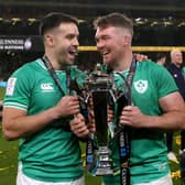 Ireland captain Peter O’Mahony (right) and Conor Murray with the Guinness Six Nations trophy at the Aviva Stadium, Dublin. (Photo by Liam McBurney/PA Wire)