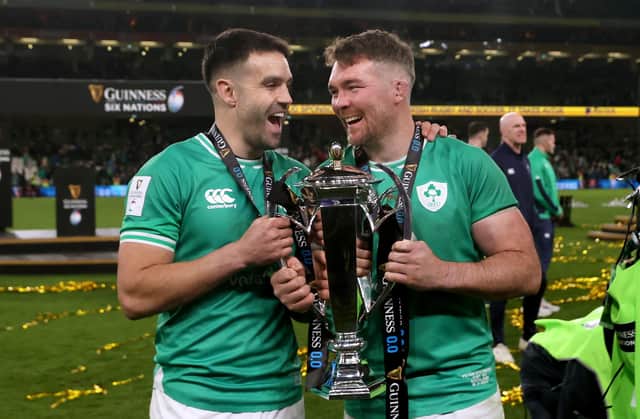 Ireland captain Peter O’Mahony (right) and Conor Murray with the Guinness Six Nations trophy at the Aviva Stadium, Dublin. (Photo by Liam McBurney/PA Wire)