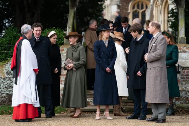 (left to right) Jack Brooksbank, Princess Eugenie, the Duchess of Edinburgh, Lady Louise Windsor, James, Earl of Wessex and the Duke of Edinburgh attending the Christmas Day morning church service at St Mary Magdalene Church in Sandringham, Norfolk. Photo: Joe Giddens/PA Wire