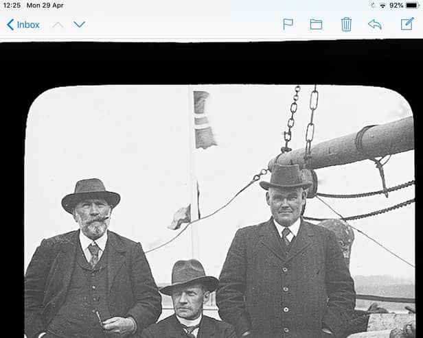 Marthin Falck, Frederick Crawford and Andy Agnew on board Fanny on May 8, 1914.