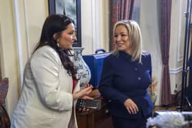 First Minister Michelle O'Neill (right) chats with Deputy First Minister Emma Little-Pengelly in the office of First Minister, on the day Ms O’Neill became Northern Ireland's first nationalist First Minister.