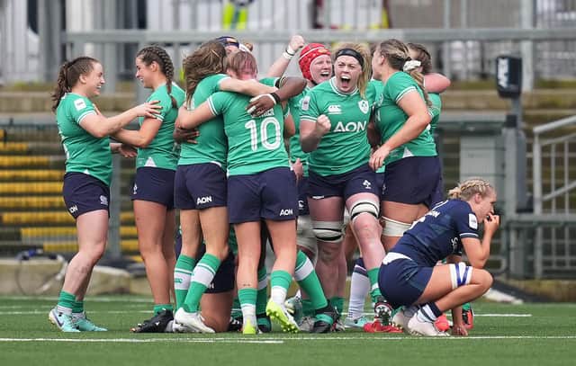 Ireland celebrate victory at Kingspan Stadium over Scotland to close out the Guinness Women's Six Nations with a win that secures third place and, as a result, qualification for the World Cup in 2025. (Photo by Niall Carson/PA Wire).