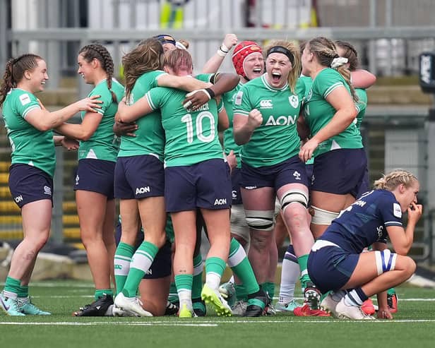 Ireland celebrate victory at Kingspan Stadium over Scotland to close out the Guinness Women's Six Nations with a win that secures third place and, as a result, qualification for the World Cup in 2025. (Photo by Niall Carson/PA Wire).
