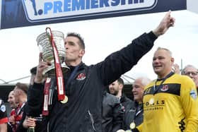 Crusaders manager Stephen Baxter celebrates Irish League title success in 2018. (Photo by Stephen Hamilton/INPHO)