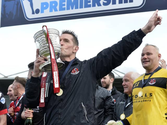 Crusaders manager Stephen Baxter celebrates Irish League title success in 2018. (Photo by Stephen Hamilton/INPHO)