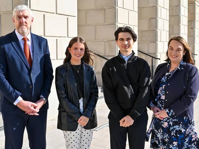 Finance Minister John O’Dowd has launched a recruitment competition for the 2027/28 Civil Service Student Placement Scheme, with around 110 placements available across several government departments. Pictured with Finance Minister John O’Dowd are Ulster University students Erin Bradley and Sean McClure, along with Department for Infrastructure Permanent Secretary Emer Morelli
