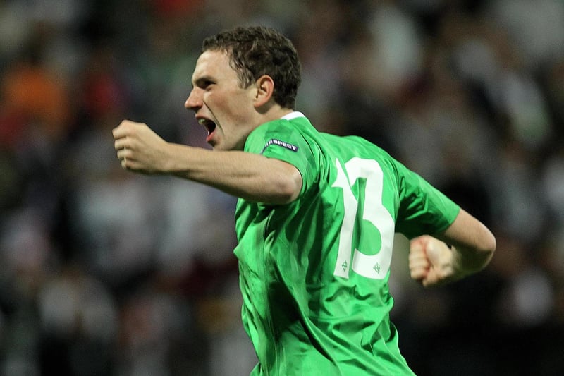 Northern Ireland's Corry Evans celebrates scoring the winning goal against Slovenia