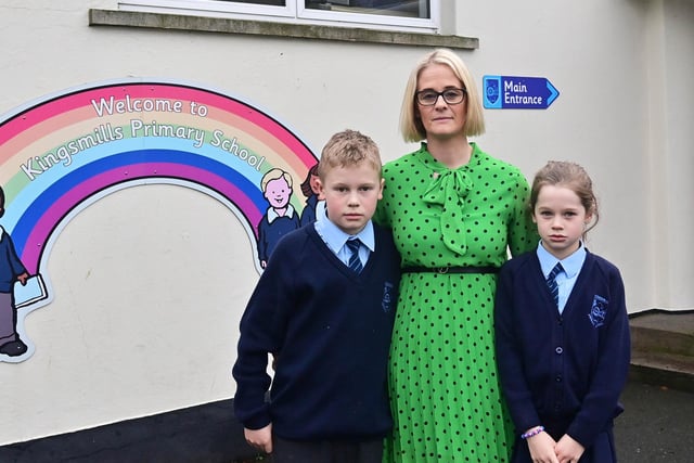 Principal Gemma Harrison with her children Finley and Eve  as The Education Authority (EA) plans to shut Kingsmill’s Primary school in County Armagh in August due to the falling number of pupils and a rising financial deficit.