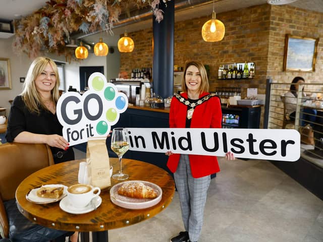 Passionate Restaurateur, Rachel Molloy from Donaghmore, has fulfilled a lifelong dream by launching her successful local eatery, No.47, in Cookstown thanks to help from the Go For It programme in association with Mid Ulster District Council. Pictured are Rachel Molloy, owner of No.47 and chair of Mid Ulster District Council, councillor Córa Corry