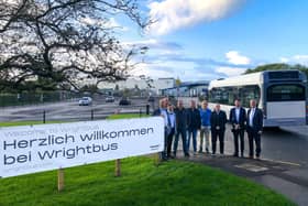 Pioneering Ballymena bus manufacturer Wrightbus has secured a new order in Europe for its single deck zero-emission hydrogen bus. German-based bus operator West Verkehr has ordered a fleet of 12 Kite Hydroliners after a Europe-wide tender process. Pictured are members of the German-based bus operator West Verkehr team on a recent visit to Wrightbus