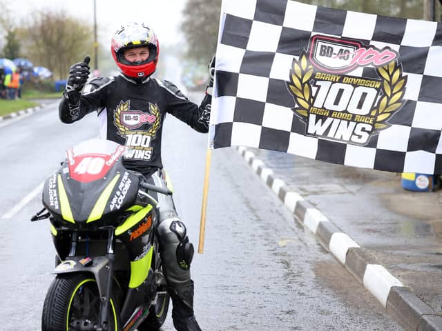 Barry Davidson won the Supersport 300 race at the Cookstown 100 for his 100th Irish road racing win on Saturday