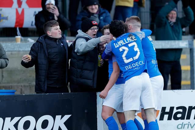 Glenavon's Matthew Snoddy celebrates with his team-mates after his goal against Carrick Rangers. PIC: Alan Weir/Pacemaker Press