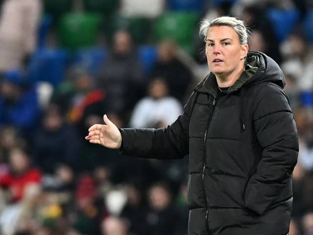 Northern Ireland manager Tanya Oxtoby reacts during the UEFA Women's Nations League match against Republic of Ireland at The National Football Stadium at Windsor Park. (Photo by Charles McQuillan/Getty Images)