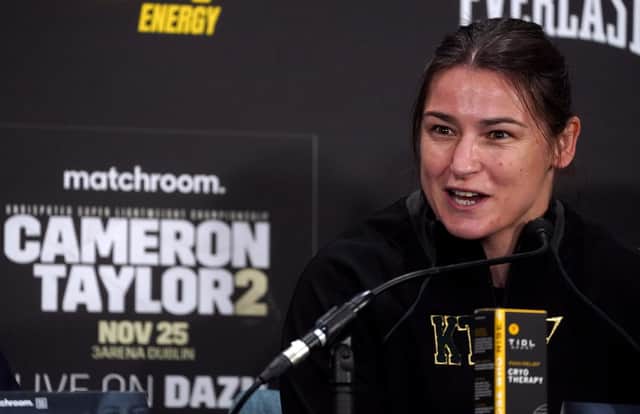 Katie Taylor during a press conference at the Dublin Royal Convention Centre leading up to Saturday's fight with Chantelle Cameron. (Photo by Brian Lawless/PA Wire)