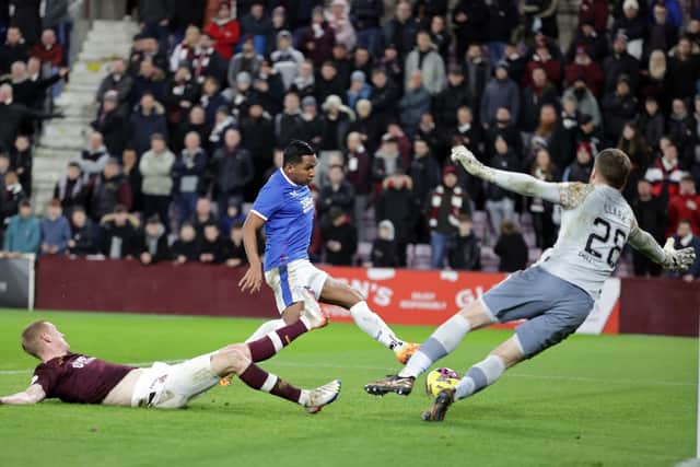 Alfredo Morelos scores for Rangers during their victory over Hearts