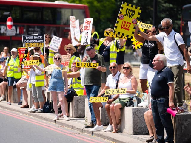 People protest last month against Ulez expansion to the edges of greater London. ​Car usage on the outskirts of London, which is on the verge of countryside, is similar to its usage in rural Northern Ireland. Photo: James Manning/PA Wire
