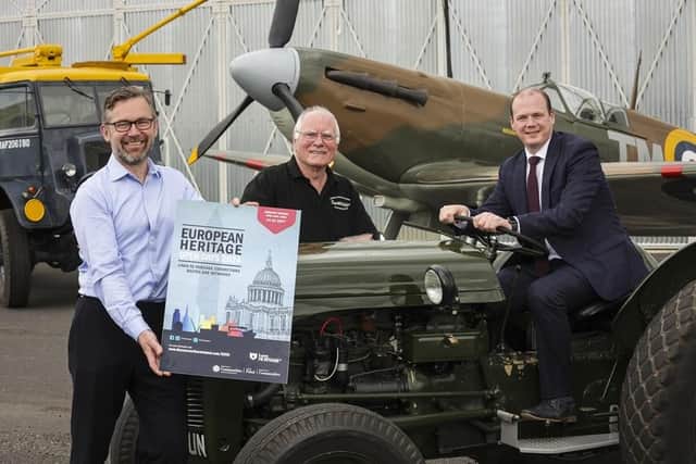 Paul Price from DfC’s Historic Environment Division (left), Ulster Aviation Society chairman Ray Burrows MBE (centre) and Communities Minister Gordon Lyons launch this year’s European Heritage Open Days