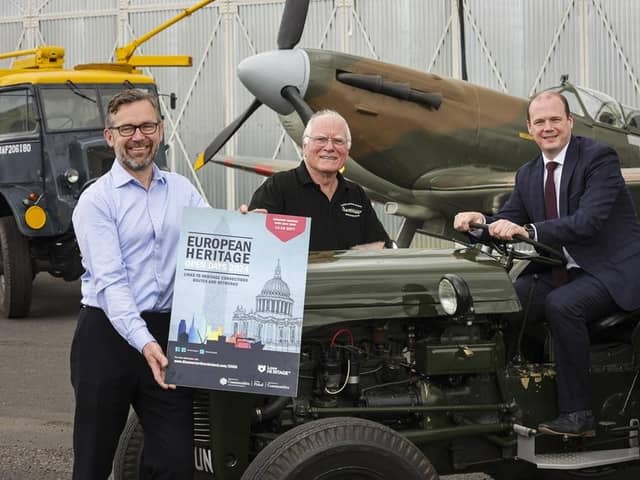 Paul Price from DfC’s Historic Environment Division (left), Ulster Aviation Society chairman Ray Burrows MBE (centre) and Communities Minister Gordon Lyons launch this year’s European Heritage Open Days