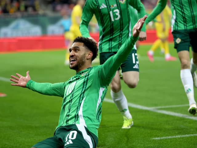 Northern Ireland’s Jamie Reid celebrates scoring against Romania. PIC: William Cherry/Presseye