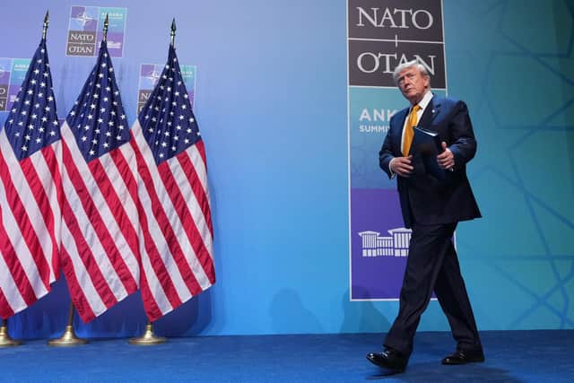 U.S. President Donald Trump arrives for a news conference at the NATO summit in Ankara, Turkey, Wednesday, July 8, 2026