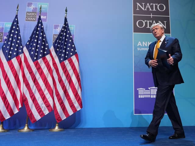 U.S. President Donald Trump arrives for a news conference at the NATO summit in Ankara, Turkey, Wednesday, July 8, 2026