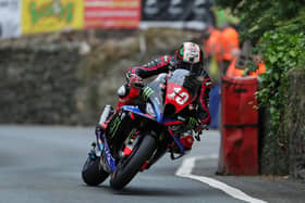 Peter Hickman on the 8TEN Racing BMW at Union Mills during qualifying at the 2025 Isle of Man TT. (Photo by David Maginnis/Pacemaker Press)