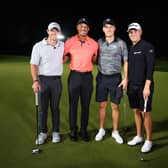 (L-R) Rory McIlroy of Northern Ireland and Tiger Woods of the United States pose with Jordan Spieth of the United States and Justin Thomas of the United States after Spieth and Thomas defeated McIlroy and Woods during The Match 7 at Pelican at Pelican Golf Club in Belleair, Florida. (Photo by Mike Ehrmann/Getty Images for The Match)