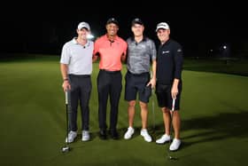 (L-R) Rory McIlroy of Northern Ireland and Tiger Woods of the United States pose with Jordan Spieth of the United States and Justin Thomas of the United States after Spieth and Thomas defeated McIlroy and Woods during The Match 7 at Pelican at Pelican Golf Club in Belleair, Florida. (Photo by Mike Ehrmann/Getty Images for The Match)