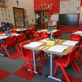 An empty classroom at St Colman's Primary School in Lambeg, Co Antrim, which received a bomb threat. Picture date: Monday October 19, 2026.